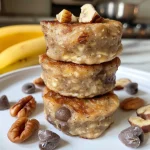 Delicious mini pancakes featuring oats, banana, and chocolate chips, garnished with nuts.