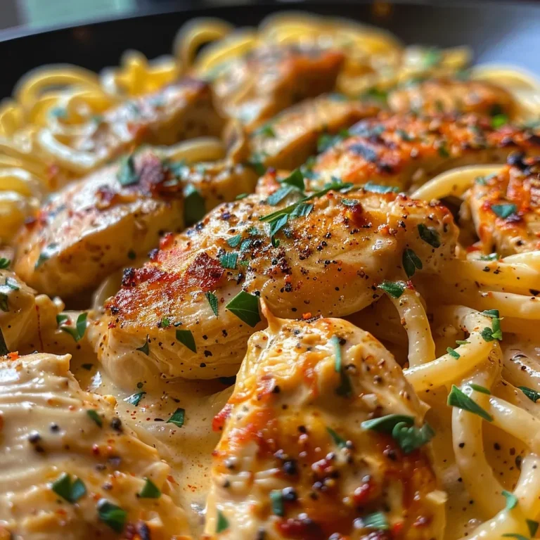 Savor the Spice: Crafting Creamy Cajun Chicken Pasta at Home Juicy pieces of chicken mixed with creamy pasta and vibrant Cajun spices on a table.