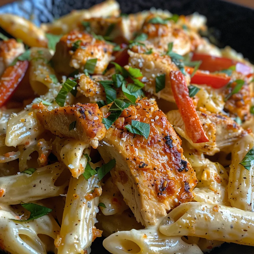 Side view of a delicious creamy pasta dish featuring Cajun chicken, garnished with herbs.