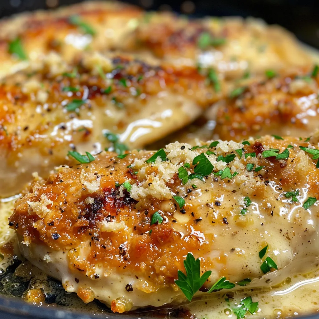 Succulent chicken with a glossy garlic sauce, showcasing parmesan and herbs.