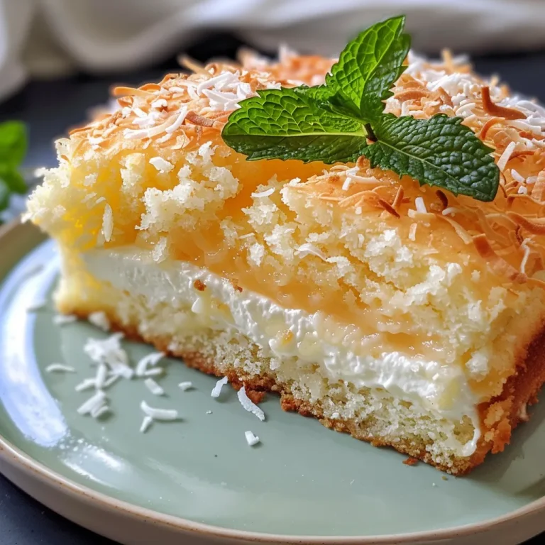 Elevate Your Dessert Game with This Creamy Coconut Custard Cake A slice of rich coconut custard cake with a garnish of toasted coconut and fresh mint leaves, emphasizing its creamy layers.