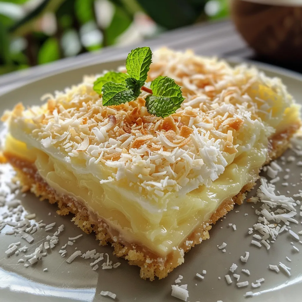 Juicy and delicious creamy coconut custard cake presented on a plate, highlighting its golden crust and creamy filling.