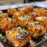 Plated salmon bites with a rich buttery glaze and herbs, highlighting their crispy texture.