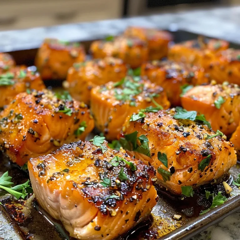 Plated salmon bites with a rich buttery glaze and herbs, highlighting their crispy texture.