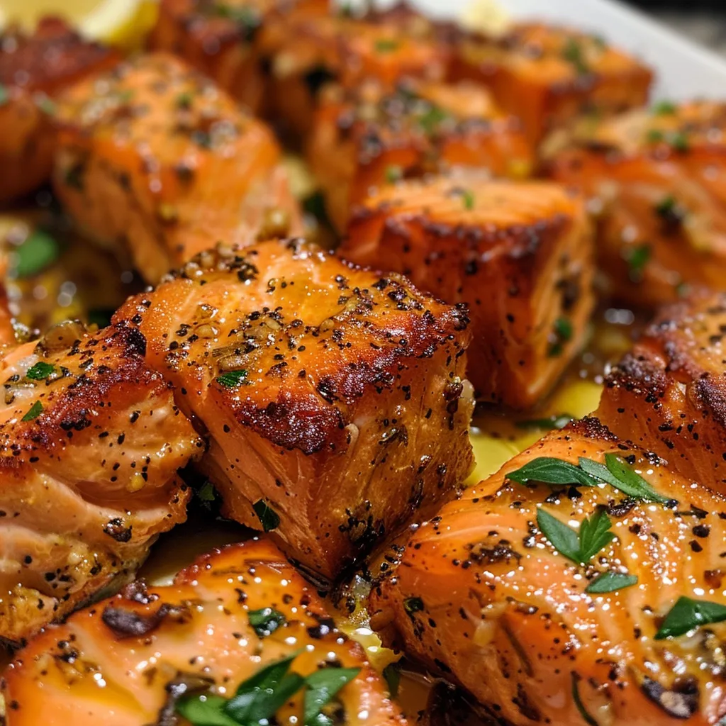 Delicious salmon pieces cooked to perfection, showcasing the crispy exterior and vibrant toppings.