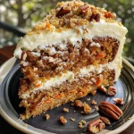 Side view of a carrot cake adorned with creamy frosting and scattered pecans on top.
