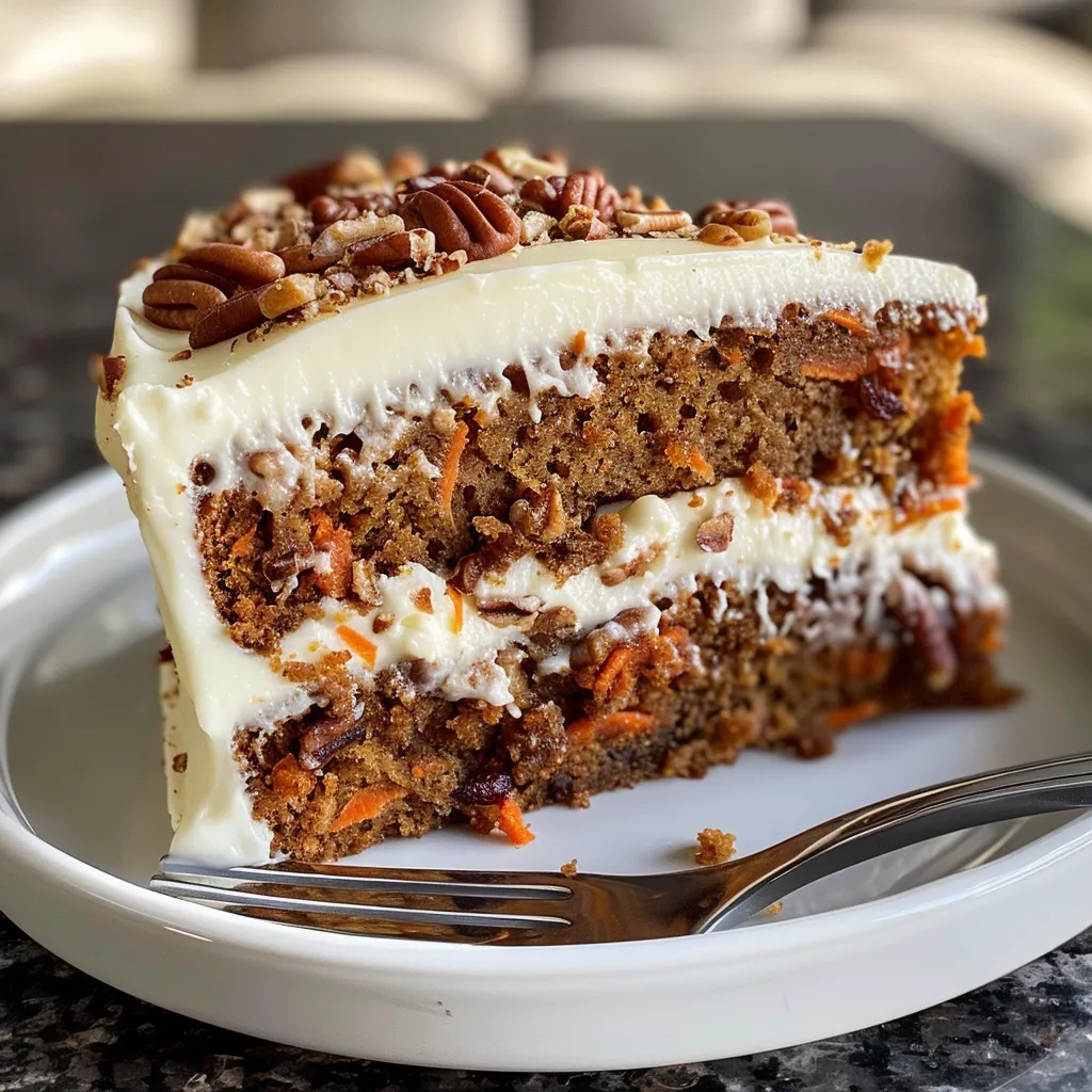 A detailed view of a freshly baked carrot cake featuring layers of frosting and chopped nuts.
