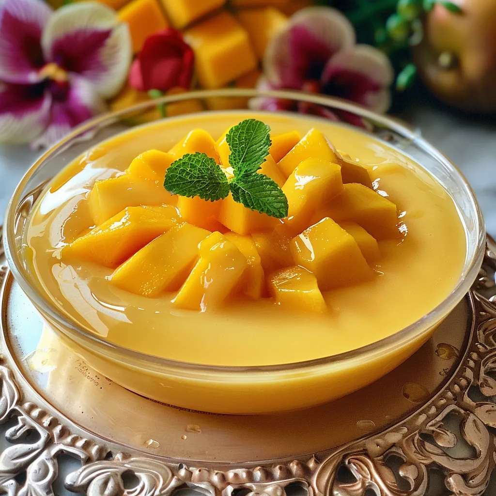 A delicious mango pudding displayed on a wooden table with natural lighting.