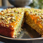 Detailed view of a slice of Flourless Orange Pistachio Cake revealing its texture and orange zest.