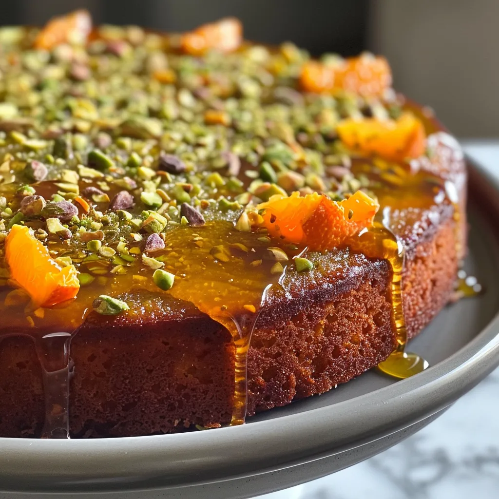 Flourless Orange Pistachio Cake displayed on a plate, highlighting its rich color and toppings.
