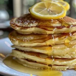 A side perspective of fluffy pancakes with a golden brown exterior, garnished with lemon.