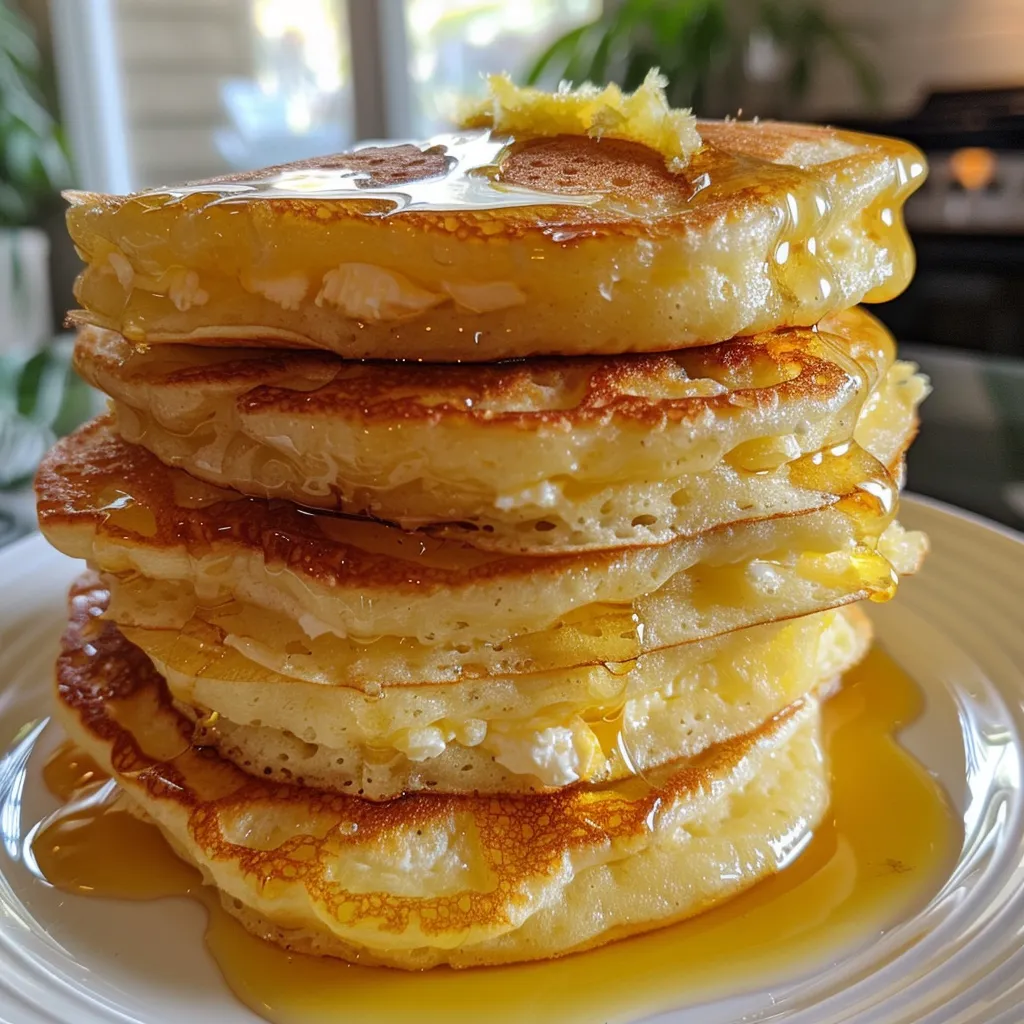 Juicy lemon ricotta pancakes displayed on a plate, highlighting their fluffy structure and lemon flavor.