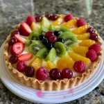 Juicy fruit tart featuring strawberries, blueberries, and kiwi on a pastry shell.