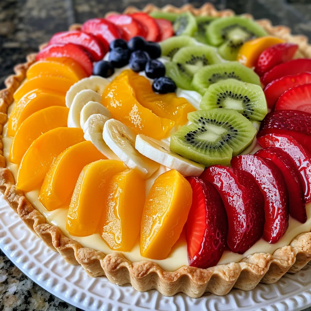 Detailed image of a fruit tart, featuring a golden crust and a mix of colorful fruits.