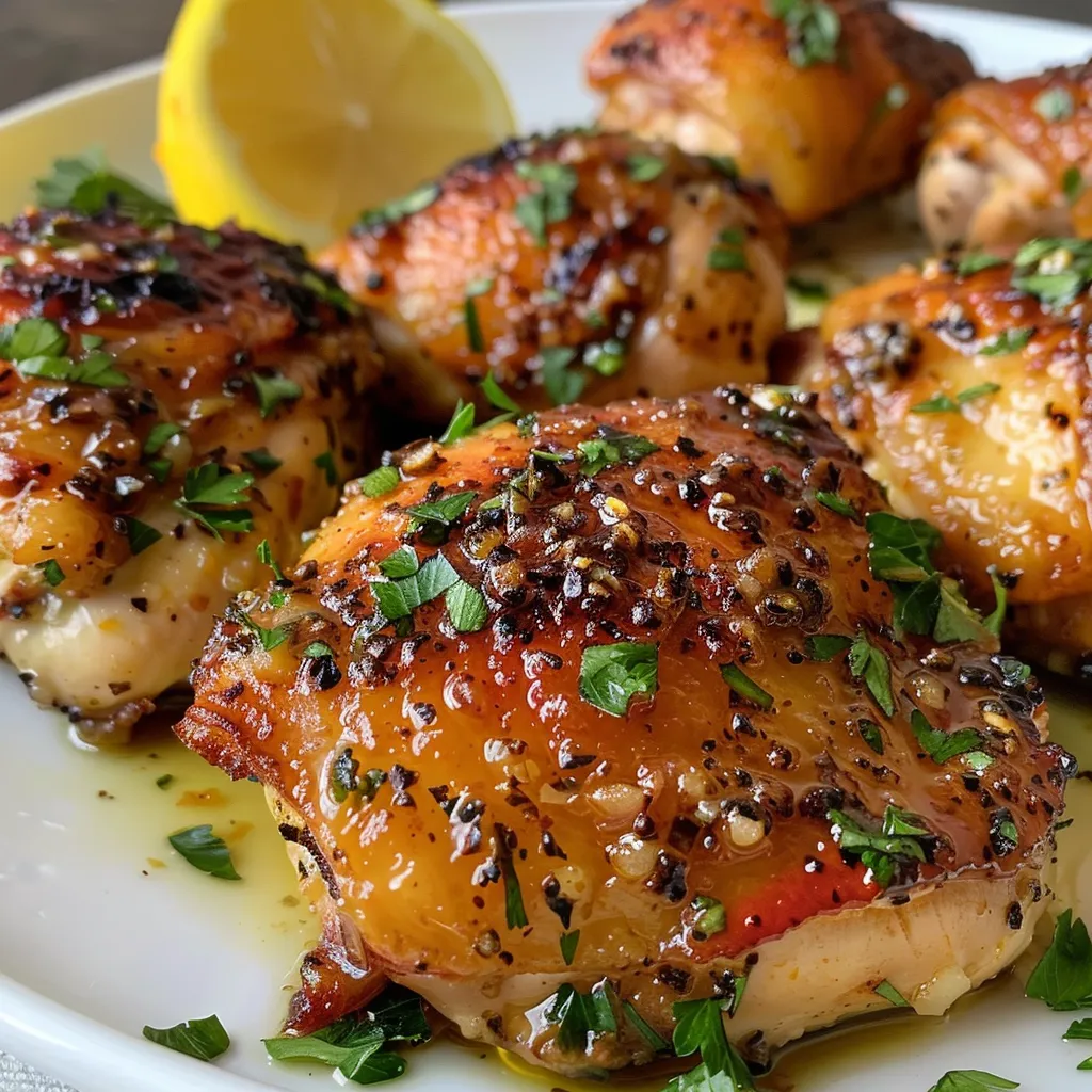 Delicious garlic lemon chicken thighs with fresh parsley on a plate.