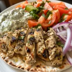 Side view of delicious Greek chicken gyros featuring diced cucumber and tomato.