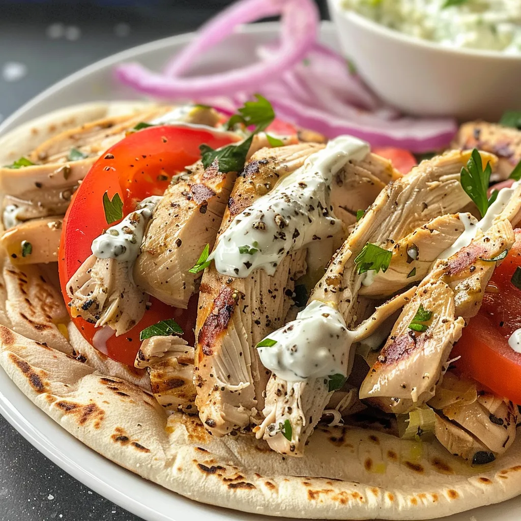 Tender slices of chicken in pita bread with vibrant toppings and sauces.