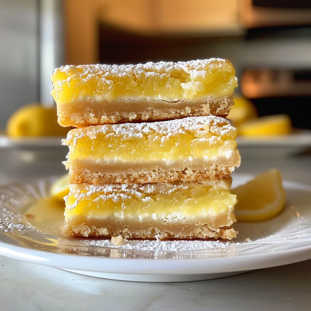 Mouthwatering close-up of Greek Yogurt Lemon Bars, featuring a golden crust and bright yellow lemon filling.