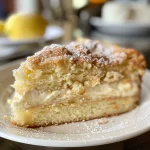A slice of lemon coffee cake showcasing a soft, fluffy interior and vibrant lemon zest.