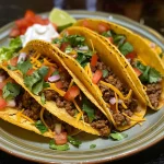 Tacos filled with seasoned ground beef, topped with sour cream and garnished with cilantro.