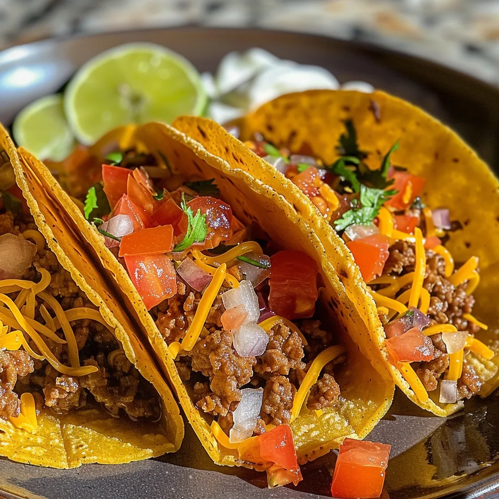 Delicious ground beef tacos arranged on a plate, showcasing fresh ingredients.