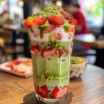 Iced strawberry matcha latte displayed with colorful layers of strawberries and matcha, in a clear glass with ice.