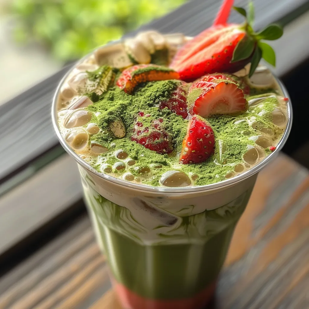 A delicious iced strawberry matcha latte with strawberries and matcha powder, presented in a glass filled with ice.