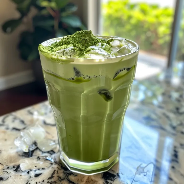 A creamy iced matcha latte in a clear glass with ice cubes, featuring a splash of coconut milk.