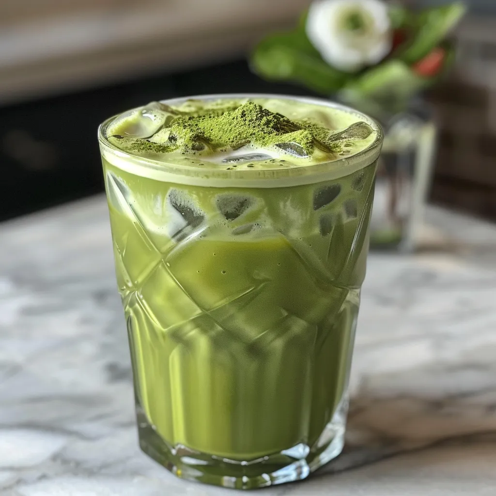 A delicious iced matcha latte served in a tall glass, showcasing rich matcha and strawberry layers.