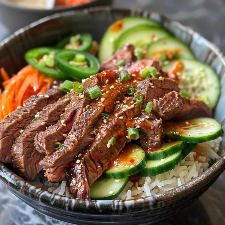 A detailed view of a Korean Beef Power Bowl showcasing flank steak, carrots, and cucumbers.