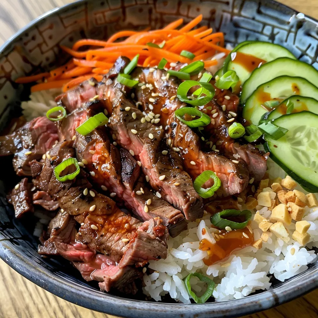 Side perspective of a Korean Beef Power Bowl filled with beef, rice, and fresh garnishes.