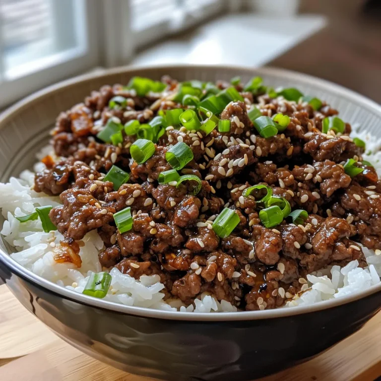 A side view of a Korean Ground Beef Bowl, showcasing spiced ground beef over white rice.