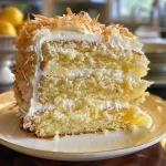Detailed shot of Lemon Coconut Cake with creamy frosting and decorative lemon zest on top.