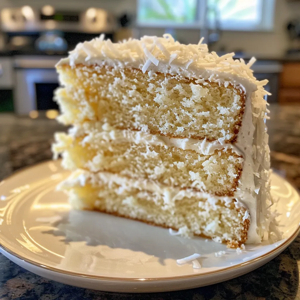 Side profile of a tall Lemon Coconut Cake adorned with shredded coconut and lemon slices.