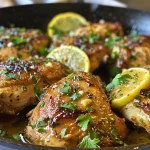 Delicious lemon garlic chicken plated in a skillet, highlighting the garlic cloves and sauce.