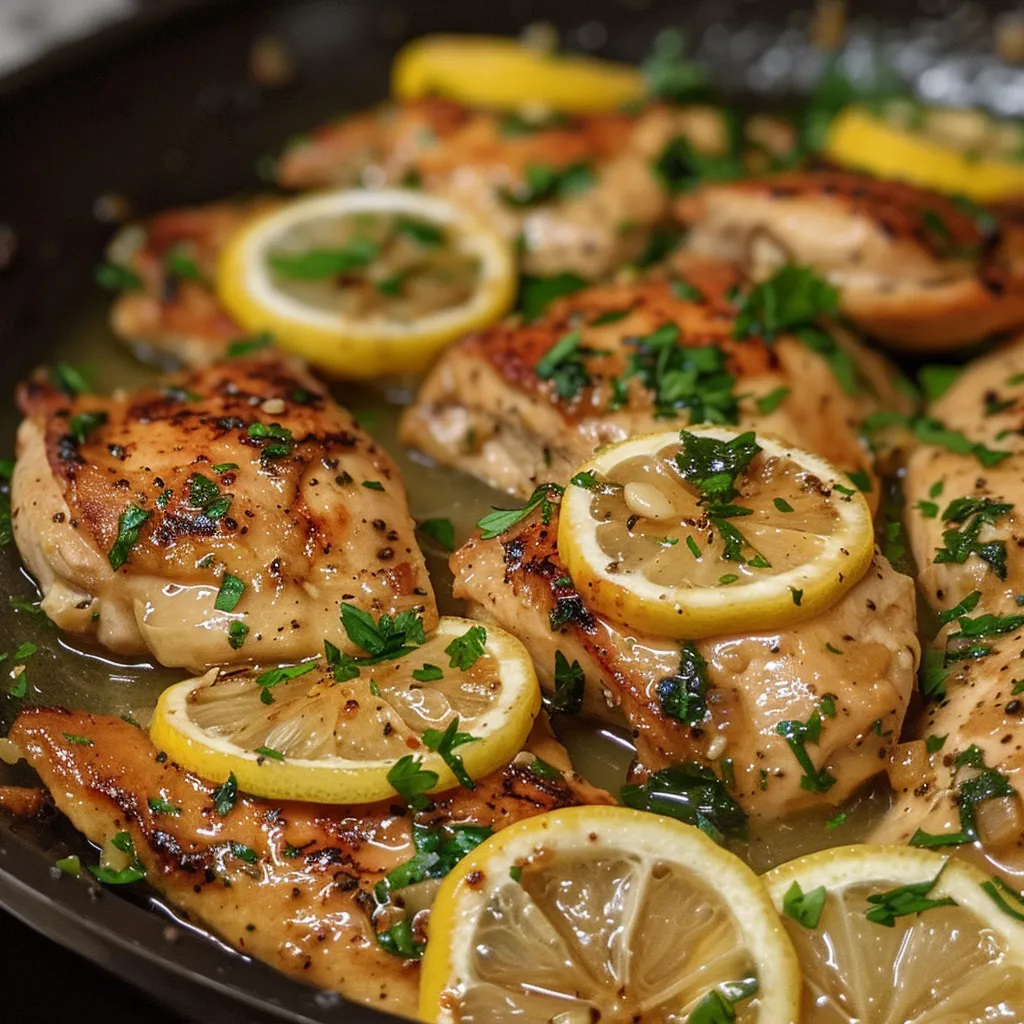 Juicy chicken pieces in a vibrant lemon-garlic sauce, ready to serve in a skillet.