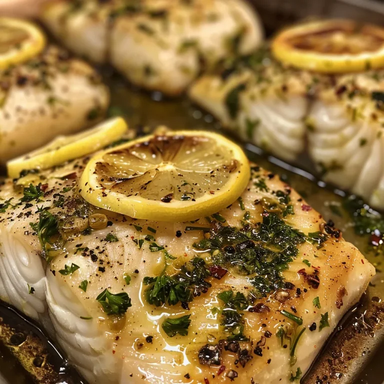 Elevate Your Dinner with Zesty Lemon Herb Baked White Fish Side view of a golden-baked white fish with fresh herbs and lemon.