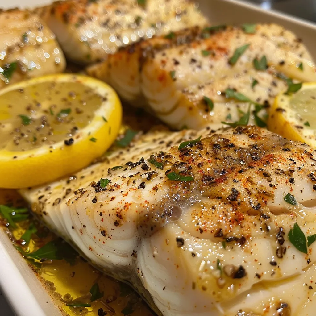 A delicious serving of lemon herb baked white fish on a plate.