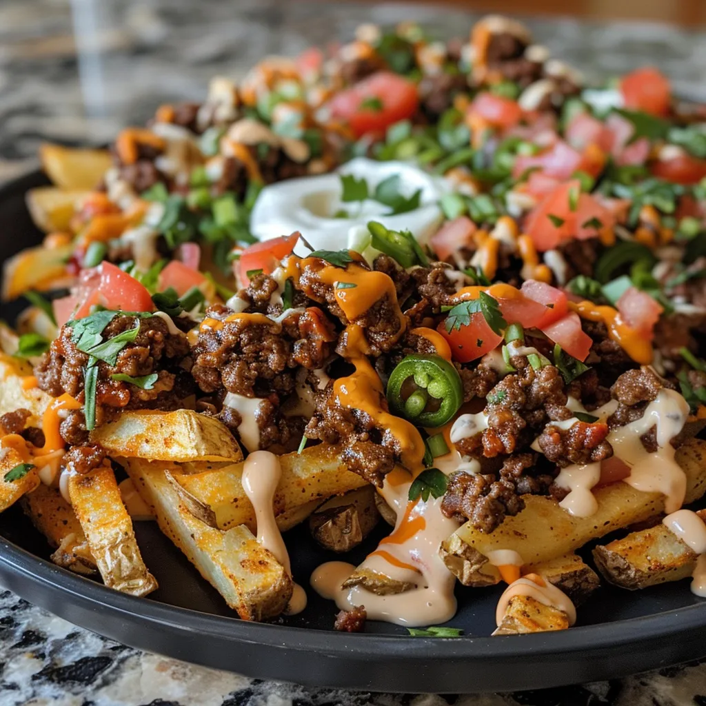 Heaping plate of Loaded Nacho Fries showcasing beef, cheese, and colorful toppings.