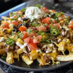 Side view of crispy loaded nacho fries adorned with fresh toppings.