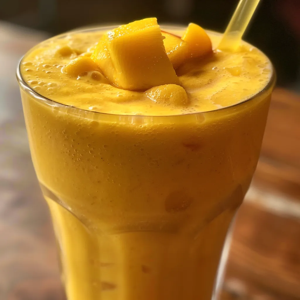 A side view of a thick Mango Lassi, highlighting its creamy consistency.