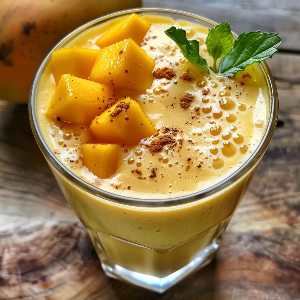 A colorful mango lassi drink, highlighting the juicy mango pieces and creamy consistency.