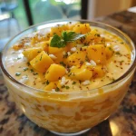 A vibrant serving of mango pudding showcasing its rich yellow color.