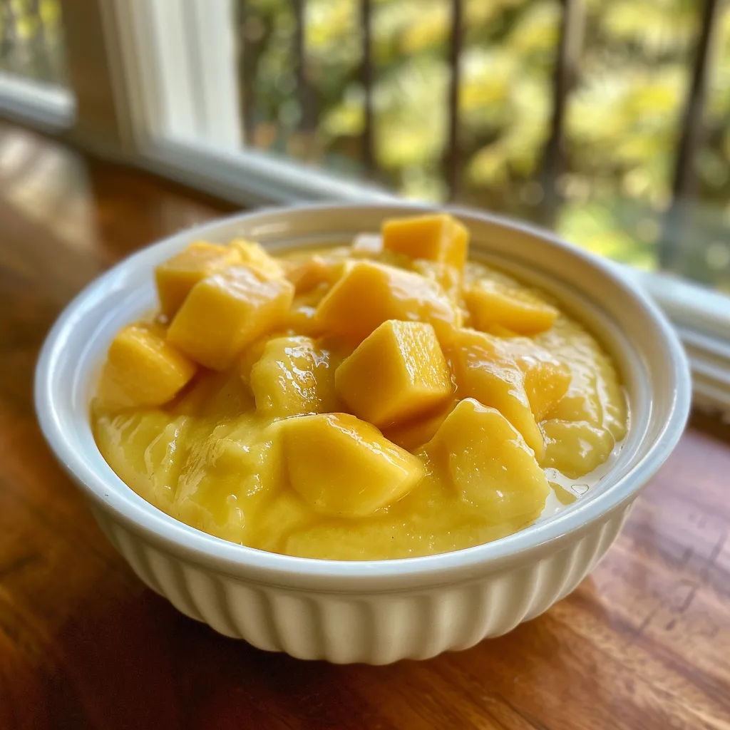 Silky mango pudding displayed in a modern dish, emphasizing its deliciousness.