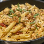 Side view of a plate of succulent chicken pasta with a creamy texture, garnished with basil.
