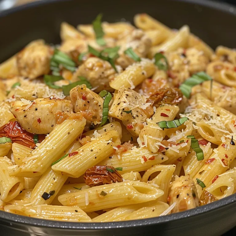 Side view of a plate of succulent chicken pasta with a creamy texture, garnished with basil.