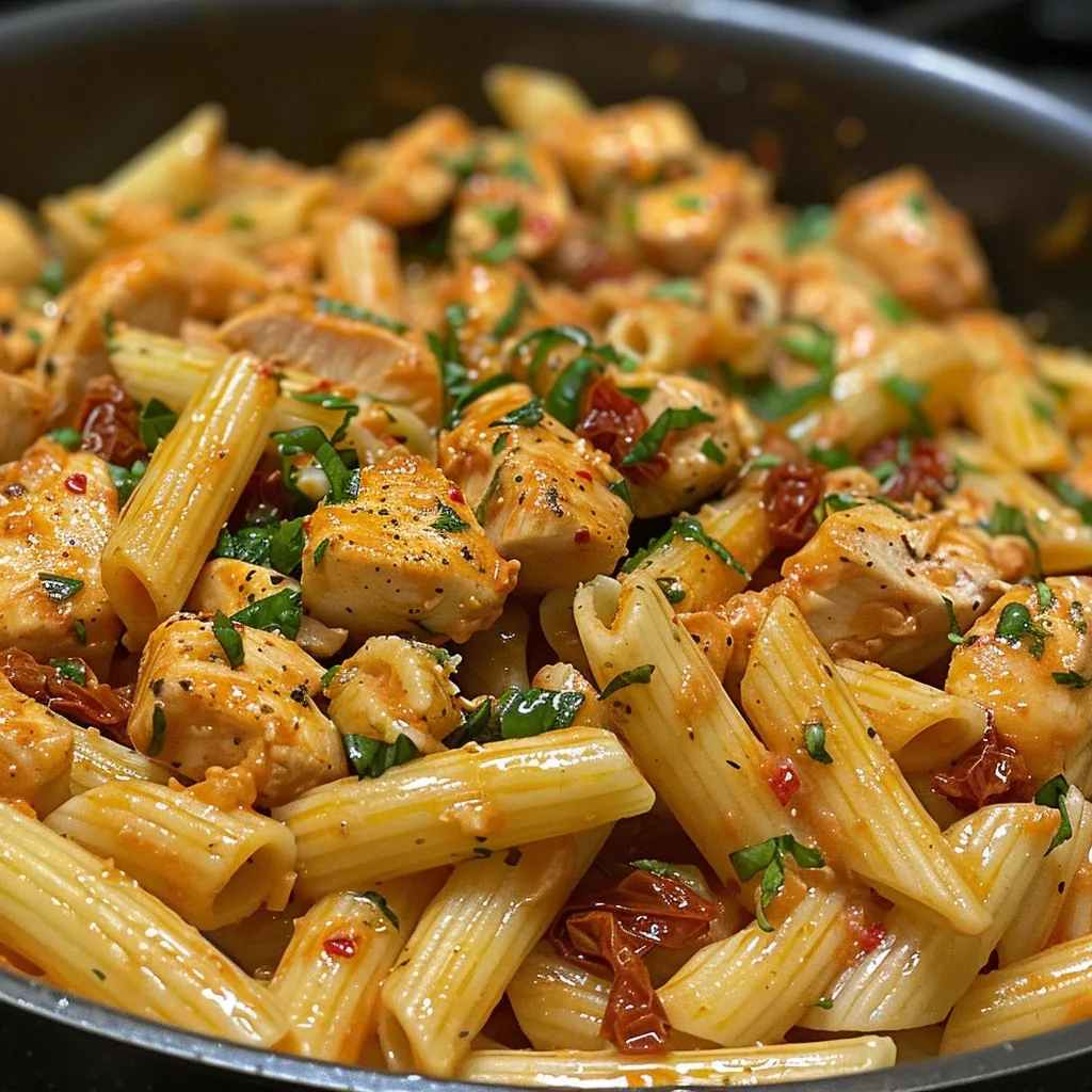 Tasty pasta dish featuring chicken, cream, and herbs, highlighted by a close-up perspective.