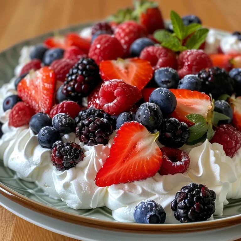 Juicy mini pavlovas decorated with sliced strawberries, blueberries, and raspberries against a blurred background.
