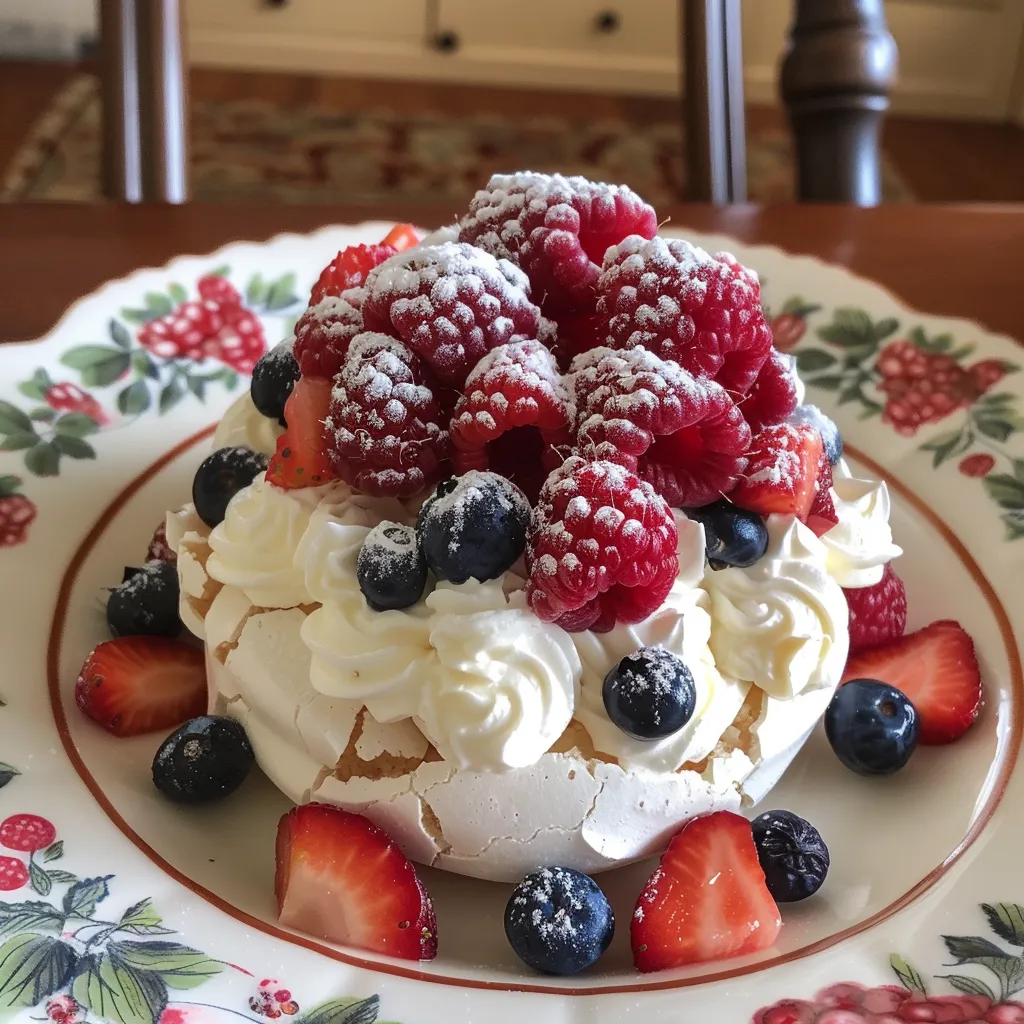 Detailed look at mini pavlovas garnished with an assortment of fresh berries and a hint of mint on a rustic table.