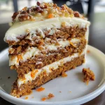 A delectable piece of carrot cake layered with cream cheese frosting, presented from the side.